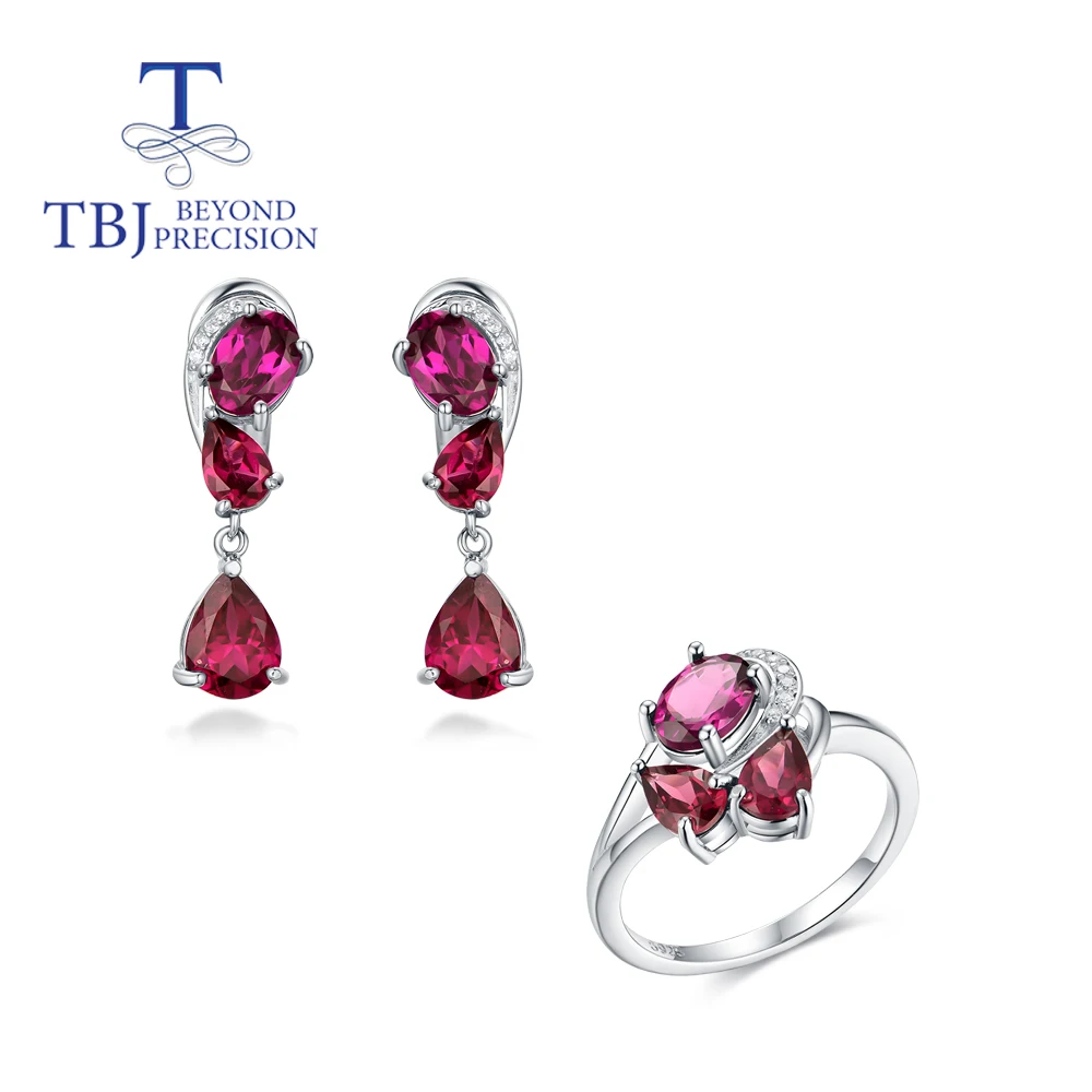 

Tbj, 2021Natural Rhodolite Garnet jewelry set ,925 Sterling silver brazil gemstone clasp earring Ring fine jewelry for women mom