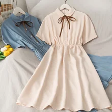 

Dress Women Chiffon Bow Solid High Waist Turn-down Collar Preppy Style Single breasted high waist dress Temperament dress