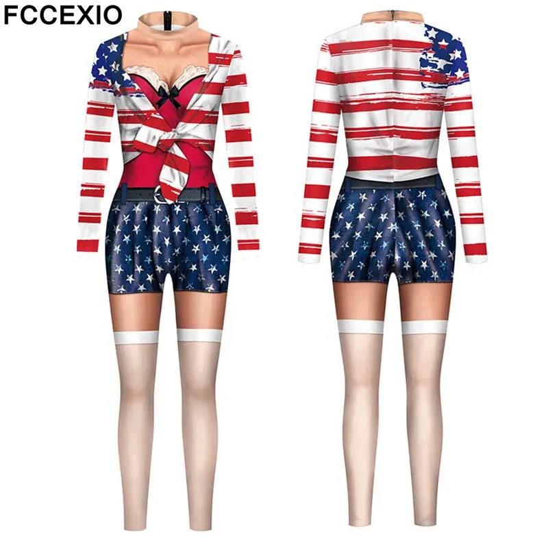 FCCEXIO 2021 Independence Day Pattern 3D Print Sexy Bodysuits Women  Long Sleeve Cosplay New Jumpsuit Party