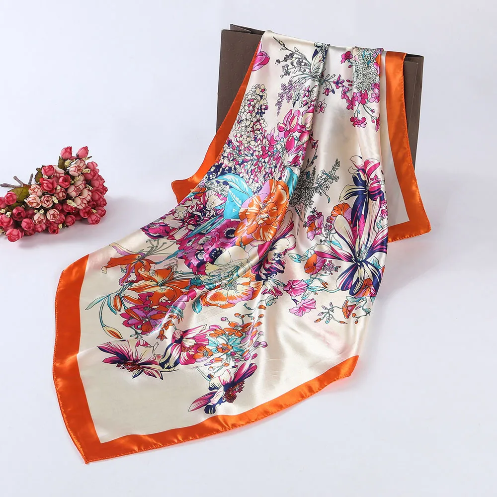 Новая осенне-зимняя женская шаль квадратной формы с цветочным принтом, модный платок, сатиновая шаль, элегантный шарф#1002