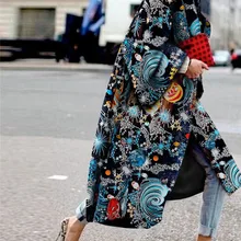 Female Long Jacket Coat Women Printed Flowers Fashion Color Matching Wool& Blends Loose Autumn Coat Women Plus Size
