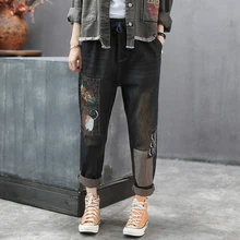 Женские джинсы джинсовые брюки ретро винтажная мода повседневные длинные большие свободные негабаритные Кот пэчворк для осени AZ44233018