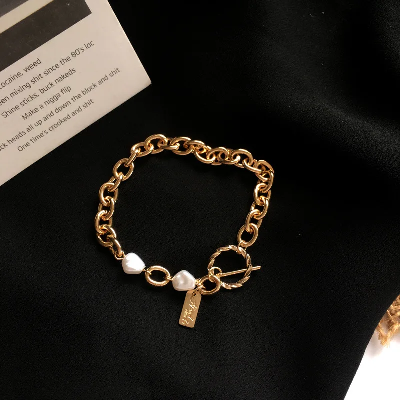 

Linmouge Fashion Simulated Pearls Chain Copper Bangle Punk Chic Gold Color Metal Bracelet for Women Pulseras Mujer Moda BG7