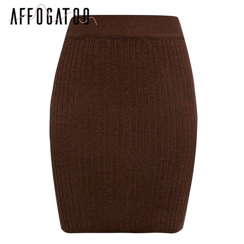Afogafoo Элегантная трикотажная короткая юбка с эластичной резинкой Женская однотонная мини-юбка для вечеринки осенне-зимние теплые прямые юбки - Цвет: Coffee