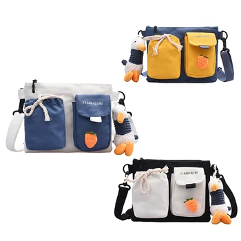 

ASDS-New Fashion Cartoon Canvas School Shoulder Bag Girl Cute Hit Color Totebag Color Matching Belt Pendant