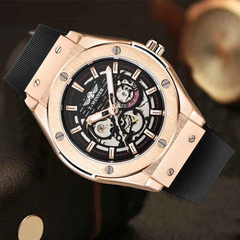 WINNER военные мужские часы роскошный Скелет циферблат резиновый ремешок автоматические часы чехол из розового золота модные спортивные наручные часы большого размера