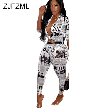 

Newspaper Print Two Piece Set Tracksuit Women Turn Down Collar Short Sleeve Top + Skinny Long Pant Summer Plus Size Club Outfits
