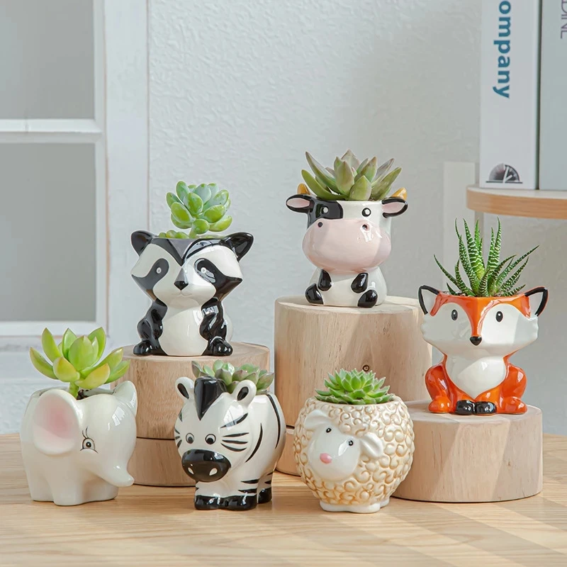 Flower Pots Ceramic Animal Cartoon Zebra Sheep Cow Head Mini for Succulents Bonsai Home Decoration