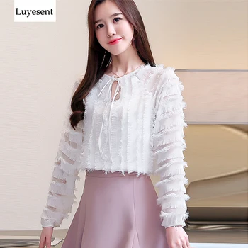 

Solid White Tassel Women Chiffon Blouse Hollow Out Lace-up Long Sleeve Elegant Korean Style OL Blusa Slim O Neck Thin Top 2020