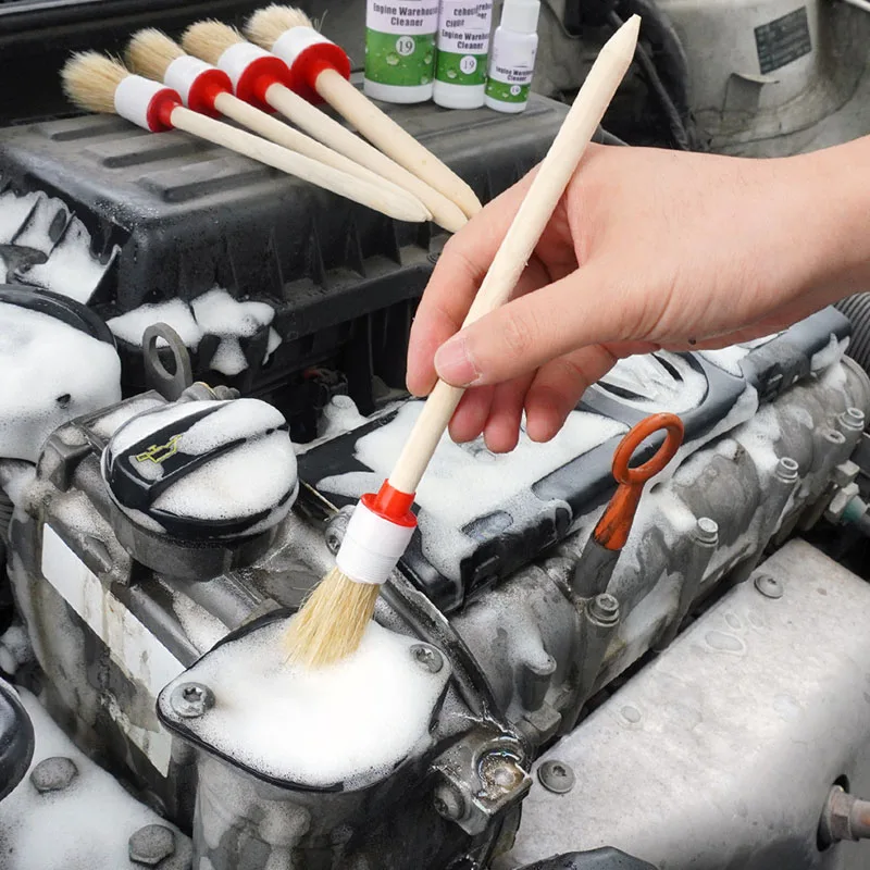 5 unids/set del lado del coche de costura detalle cepillo de limpieza para salida de aire del motor de aire acondicionado lavable de cabeza redonda de madera cepillo suave