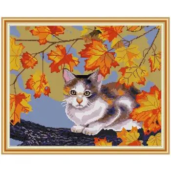 

Cat and maple animals counted printed on the canvas 11CT 14CT DIY kit Cross Stitch embroidery needlework Sets home decor