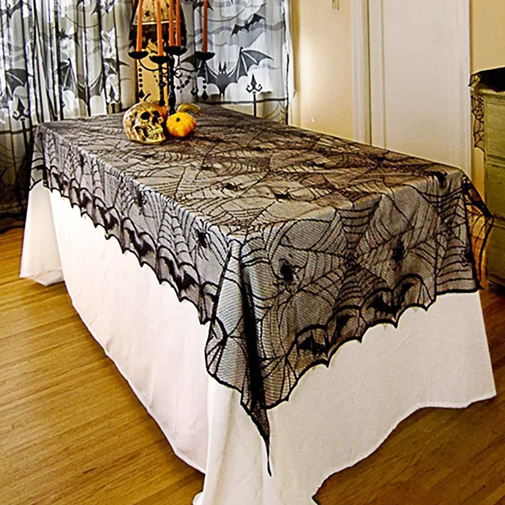  Black Lace Spider Web Halloween Table Cloth Spider Bat Pattern Table Cover Lace Tablecloth Hallowee