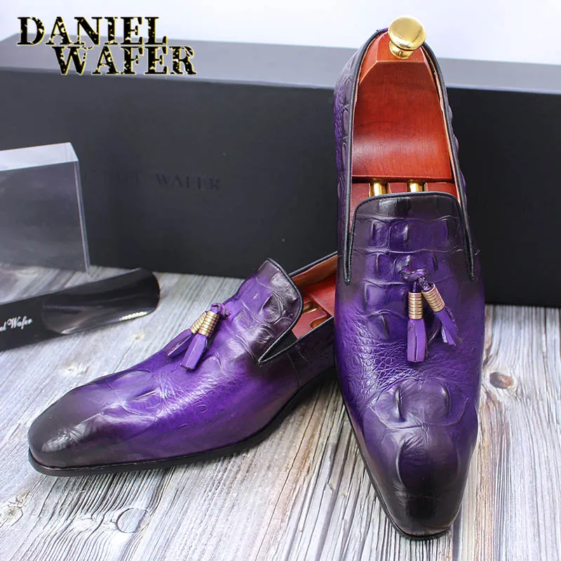 

LUXURY MEN DRESS CASUAL SHOES CROCODILE PRINTS CLASSIC RETRO TASSELS LOAFERS SLIP ON OFFICE WEDDING MEN'S LEATHER SHOES