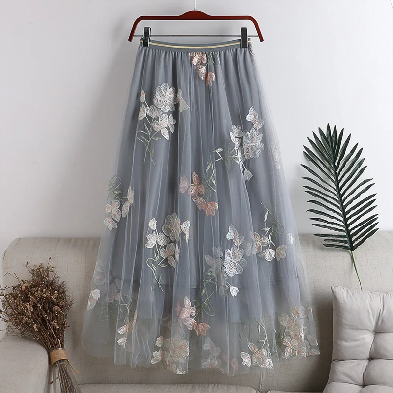 Supper Fairy Sweet Layered Tulle Embroidered Flowers Maxi Long Gauze Skirts A-line Big Flared Mesh Ankle Tutu | Женская одежда