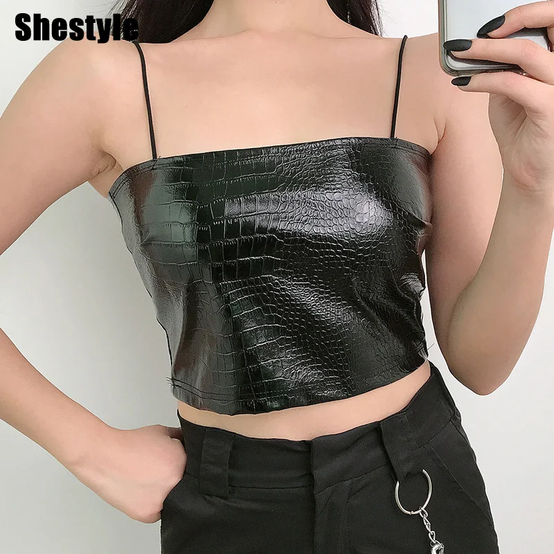 Shstyle, готический кроп-топ из искусственной кожи крокодила, лето, черная застежка-молния, искусственная кожа, сексуальный топ на тонких бретелях, Классический Топ, панковские женские майки