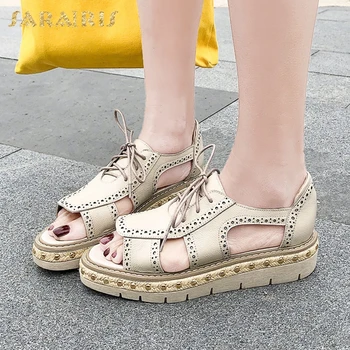

SaraIris 2020 New Arrivals Genuine Leather Women Flats Peep Toe Platform Metal Decoration Summer leisure Women Shoes