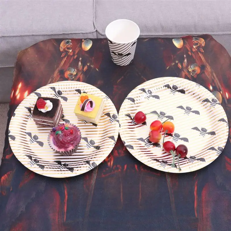 36 шт золотой полосой одноразовые салфетки тарелки чашки набор милый узор летучей мыши бумага столовая посуда все для праздника на Хэллоуин