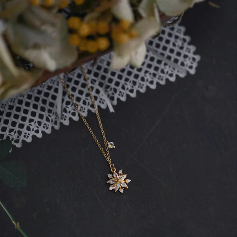 925 Sterling Silver Simple Pavé Zircon Snowflake Sun Flower Pendant Necklace Women 14K Gold Plated Wedding Jewelry Accessories - Image 2