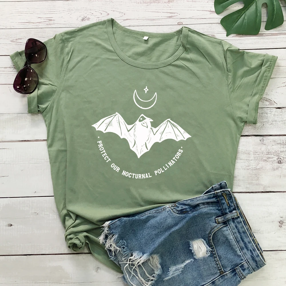 olive-white text Защитите наш ночной поллинатор Футболка стильная Звезда Луна с принтом летучей мыши веганская футболка Новая Летняя женская футболка с графикой Harajuku - Цвет: olive-white text