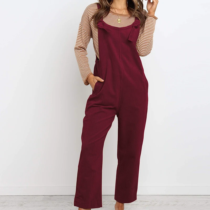 Womens Sleeveless Jumpsuit  Ladies Slim Fit Playsuit Trousers Overalls Women Spaghetti Strap Playsuit Corduroy Solid Dungarees
