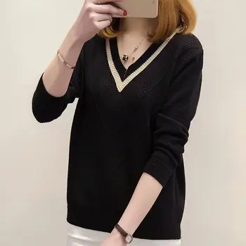 

Women Autumn/Winter Knit Sweater Patchwork V Neck Knitted Sweater Ladies Loose Knitwear Autumn Winter Female Pullover Sweaters