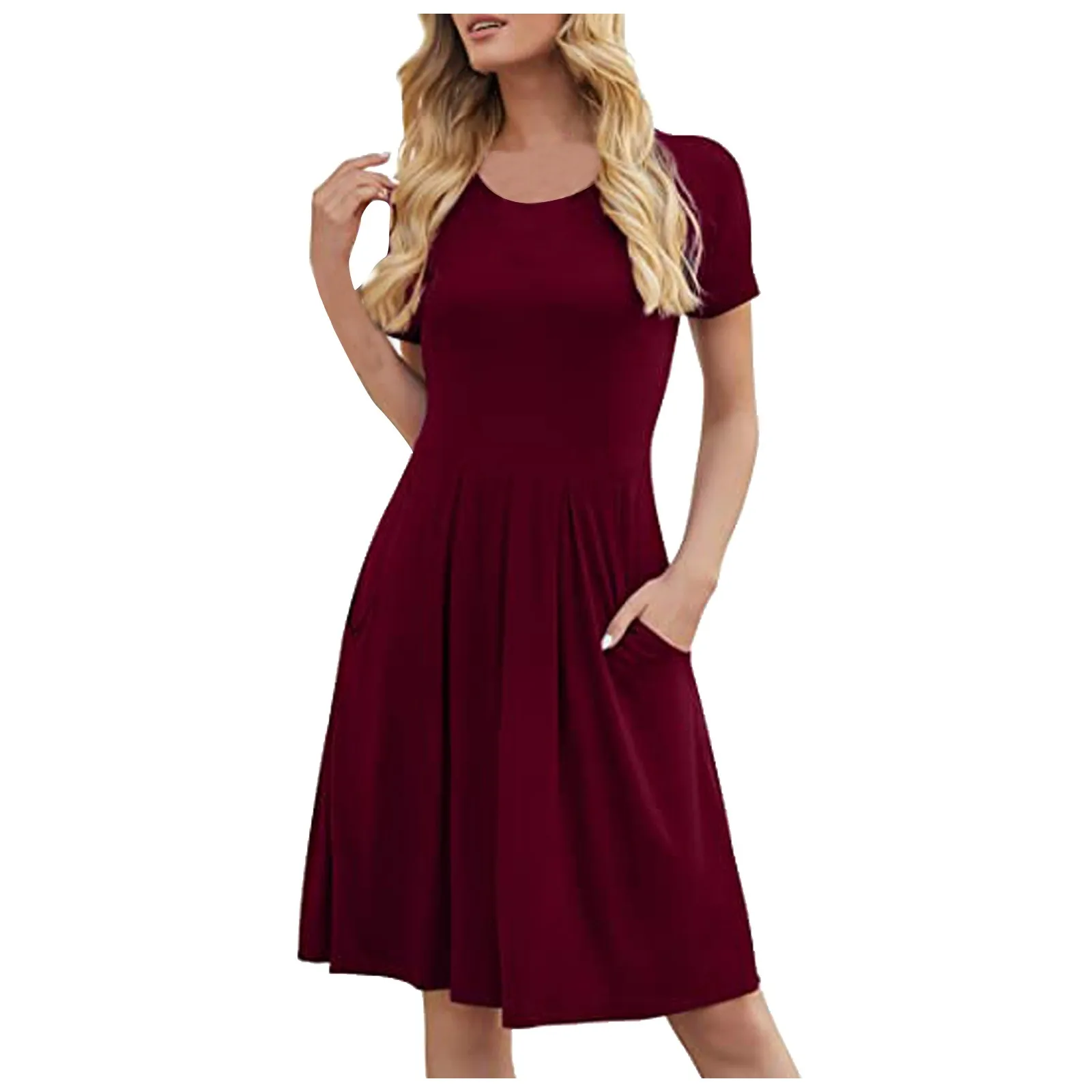 Short Sleeve Dress Women's Fashion Solid Color Pleated Loose With Pockets Round-Neck  Ladies Leisure Dress Knee-length Vestido 2