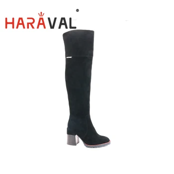 

HARAVAL 2020 Autumn Winter Boots Genuine Leather Over-the-Knee High Heel Thick Heels Women Boots Short Plush Kid Suede BlackD27