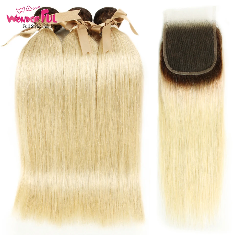 

Ombre Blonde Bundles With Closure Brazilian Straight Remy Human Hair T4/613 Honey Blonde Bundles With Closure
