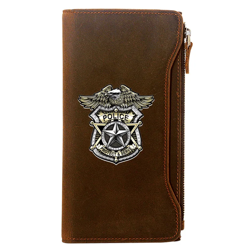 

Classic Vintage Police Protect & Serve Printing Genuine Leather Wallet Men Long Purse With Phone Bag Zipper Card Holder Clutch