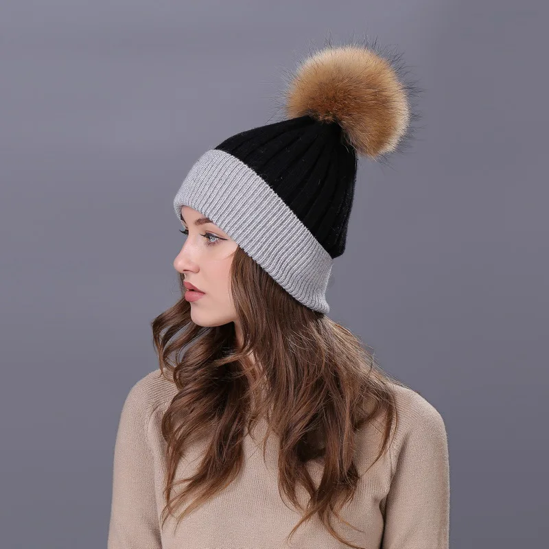 Blackgray Шапка из меха кролика, шапка из меха енота, вязаная шапка W224 - Цвет: Blackgray