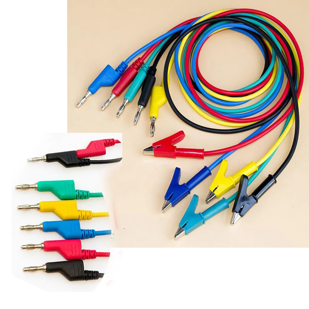 

5pcs Foldable Silicone Test Line Multicolor Dual-ended Safe Banana Plug To Crocodile Alligator Clip Probe Wire Electric Cable