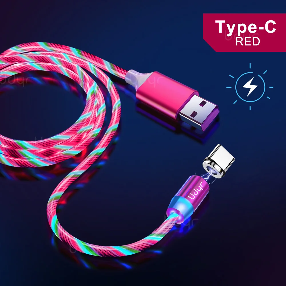 Магнитный кабель usb type-C, магнитный кабель, светодиодный, для быстрой зарядки, USB кабель микро-зарядного устройства, провод для iPhone, huawei, samsung - Цвет: For type c red