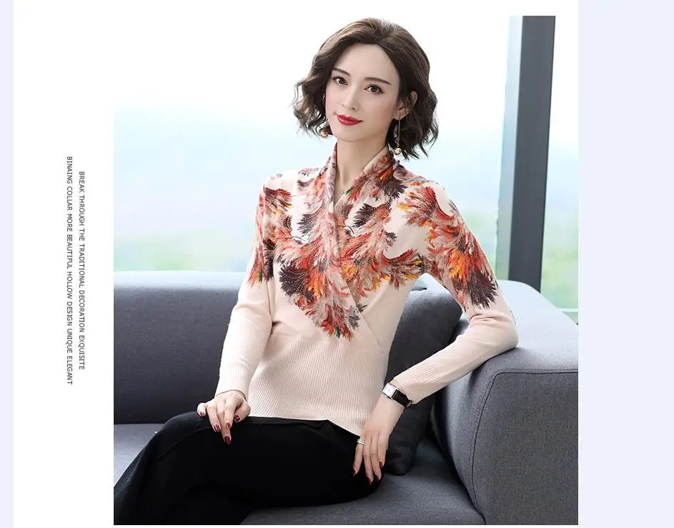 Женский свитер с цветочным принтом, Осень-зима, вязаный пуловер с v-образным вырезом и длинным рукавом, шерстяные свитера с принтом