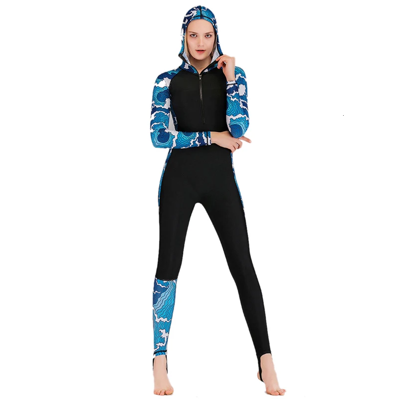 Black-Blue SBART лайкра Рашгард с капюшоном Женский сдельный купальник UPF 50+ Дайвинг костюм Быстросохнущий длинный рукав купальники для серфинга всего тела - Цвет: Black-Blue