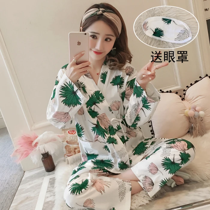 

Spring Autumn Long Sleeve Women Pajamas Set Cardigan Frenulum Tracksuit Female 2 Piece Botany Print Kimono Sleep Wear Pyjama Set