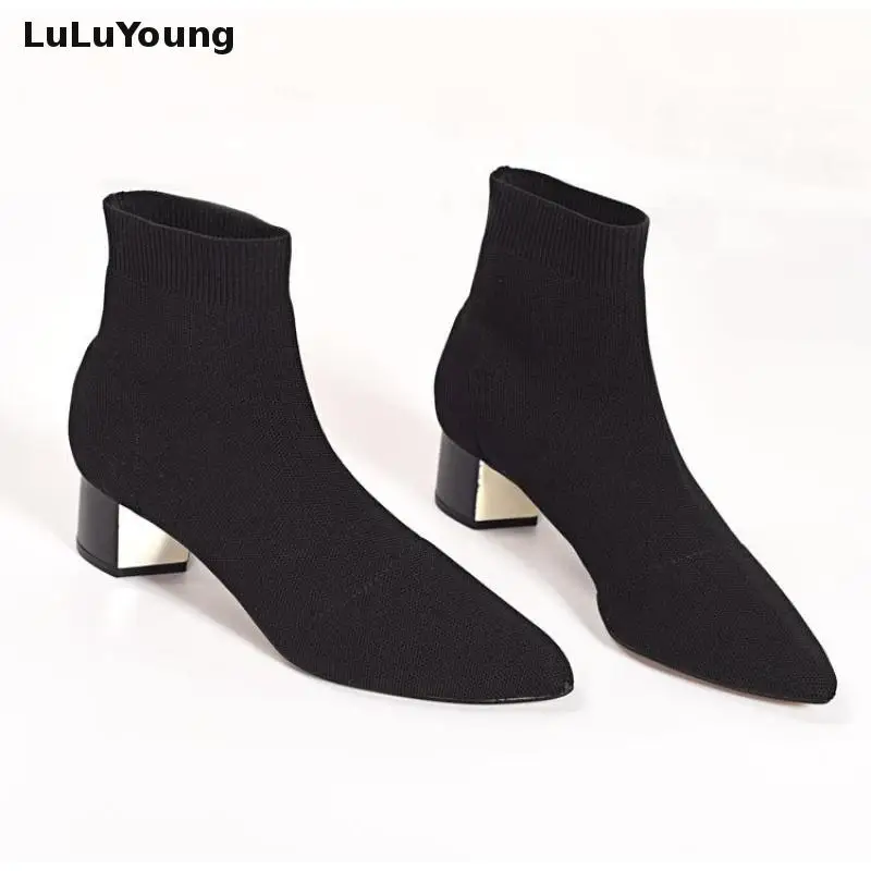 Ceny Dzianiny elastyczne skarpety buty średnie buty na obcasie krótkie buty damskie Point Toe botki
