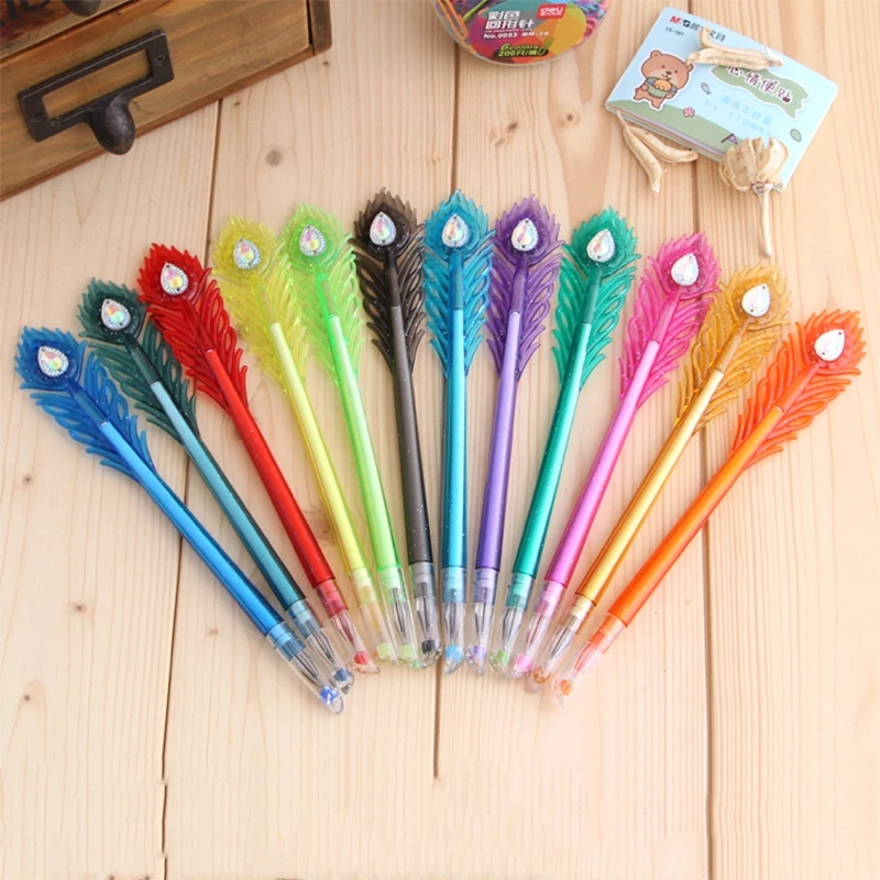 

12 шт. гелевая ручка с павлином и алмазной головкой, цветная гелевая ручка с перьями, чернильная ручка 0,38 мм, ручка с цветным рисунком, полноразмерная ручка-шприц, канцелярские принадлежности