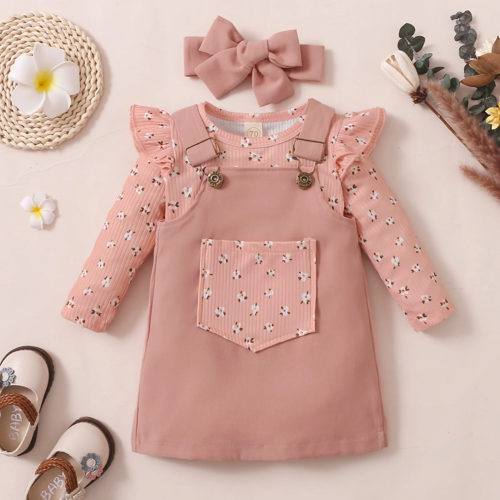 3pcs Children Baby Girl Casual Fly Sleeve Knitted Jumpsuits + Pocket Suspender Dress+ Headwear Clothes Infant Cotton Outfits kids clothes set baby girl clothing set