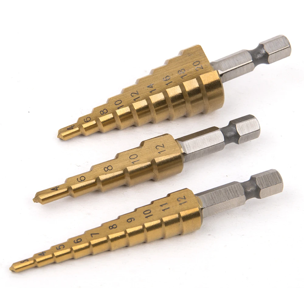 3pcs HSS Steel Titanium Step Drill Bits 3-12mm 4-12mm 4-20mm Step Cone Cutting Tools Steel Woodworking Wood Metal Drilling Set 3pcs HSS Steel Titanium Step Drill Bits 3-12mm 4-12mm 4-20mm Step Cone Cutting Tools Steel Woodworking Wood Metal Drilling Set