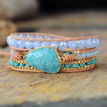 

Ethnic Leather Wrap Bracelets W/ Natural Stone Rhinestone Amazonite Beaded Strand Bracelet Teengirls Bohemian Jewelry Dropship