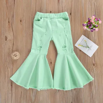 

Imcute Toddler Ripped Trousers, Baby Girl Elastic Waist Frayed Raw Hem Flared Pants Solid Color Bottoms