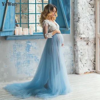 

Lace Formal Pregnant Photo dress Long Sleeve Tulle Royal Blue Prom Gown Evening Dresses Plus Size 2020 Evening Dress Party