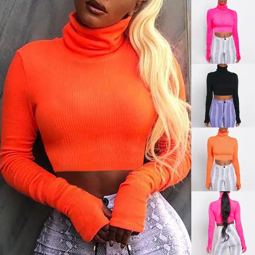 

Women Fashion Solid Fluorescent Turtleneck t shirts Slim Long Sleeve Short Tops strech sexy ladies tops 2020 winter autumn