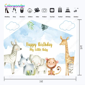 

Happy birthday, babyshower backdrop elephant, blue sky, white clouds animals little monkey Photography Background