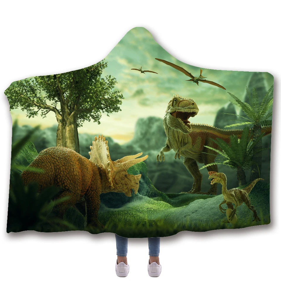 Мультяшное одеяло с капюшоном, 3D принт динозавра, шерпа, флисовое мягкое одеяло с капюшоном, микрофибра, теплое зимнее одеяло для взрослых и детей