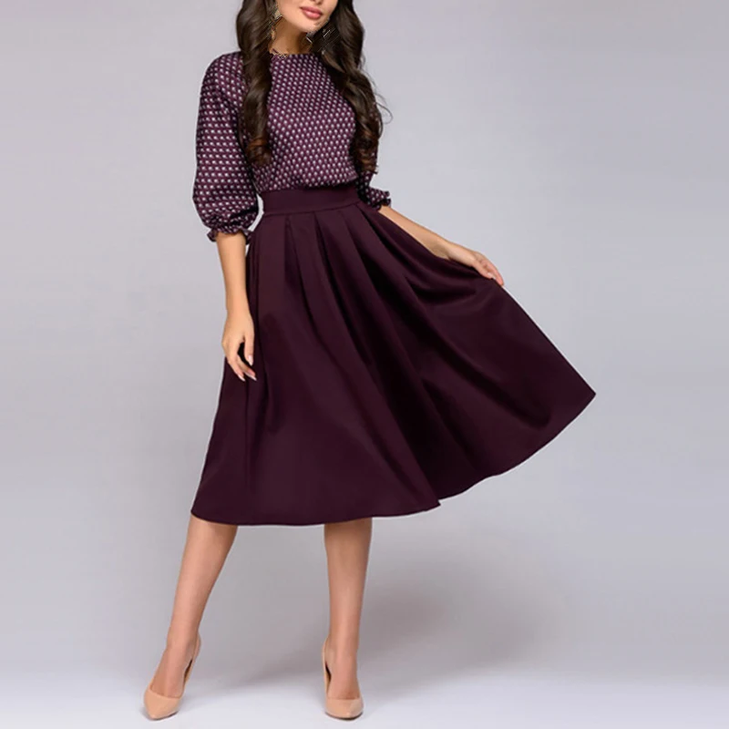 Women vintage dress Casual office a line Dress Round Neck 3/4 Sleeve Polka Dots Printed elegant ladies dresses party