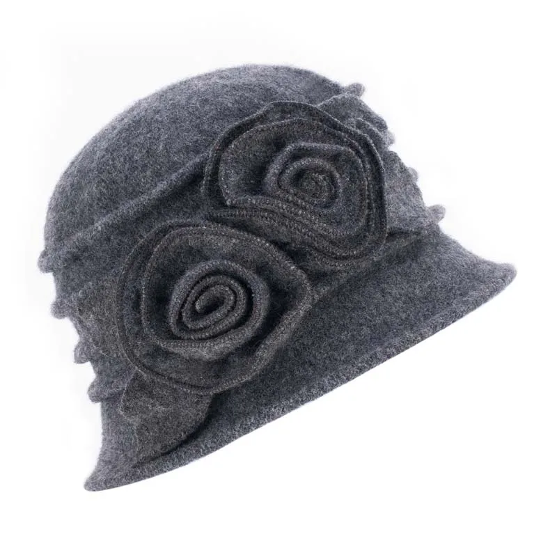 Lawliet/женские зимние шапки из чистой шерсти с цветочной отделкой; теплая Женская Шапка-бини; одежда-ведро; фетровая шляпка для церкви; Повседневная Skullies A287 - Цвет: Gray