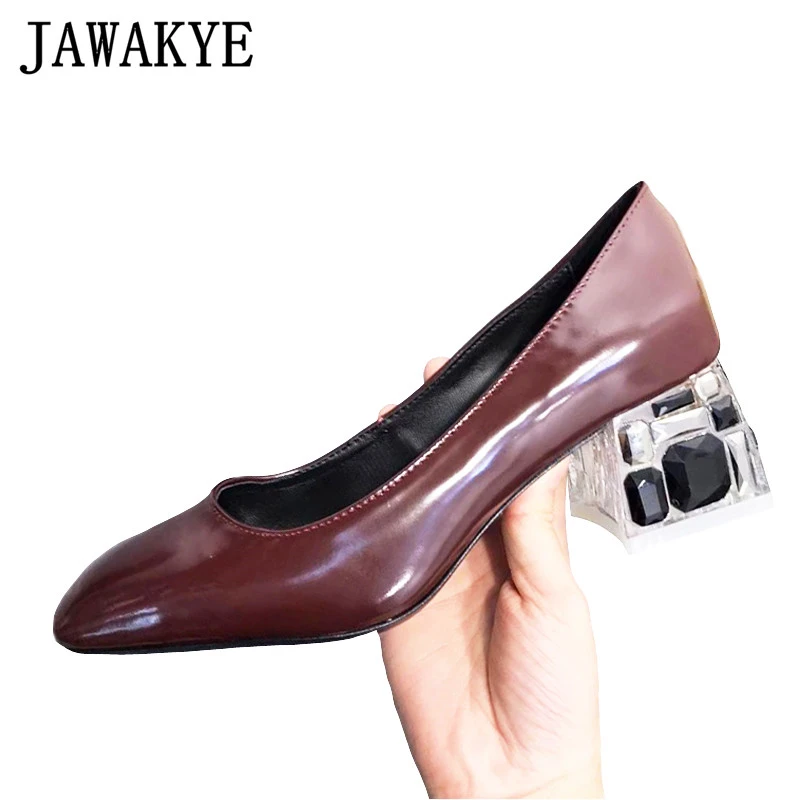 red mid block heel shoes