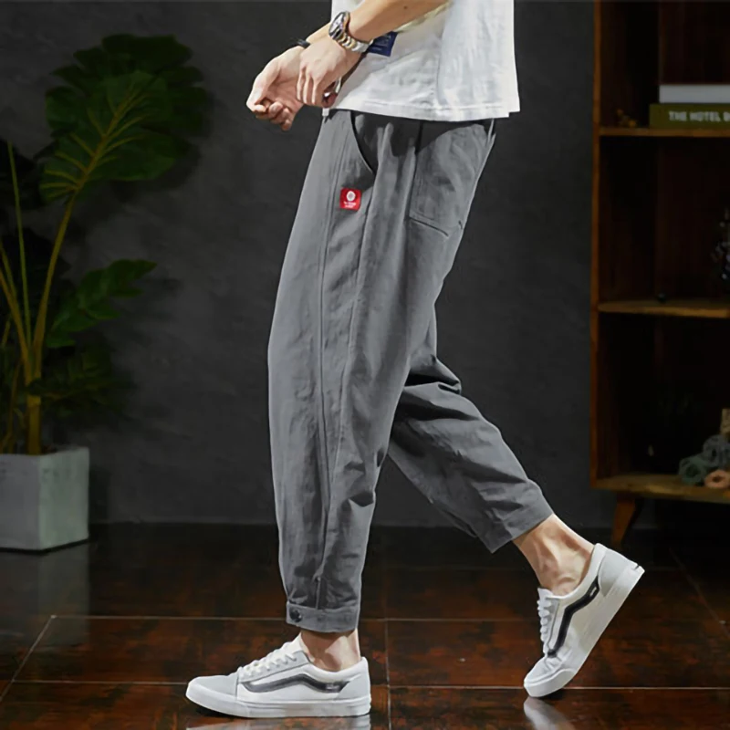 

Autumn Cotoon Linen Pants Men Cargo Joggers Casual Sweatpants Techwear Ankle Length Track Trousers