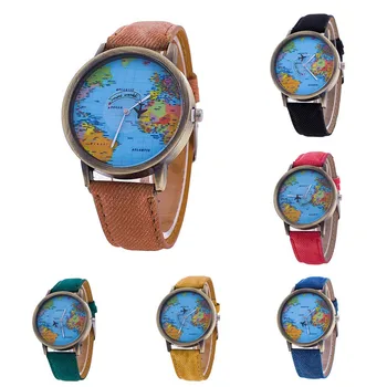 Reloj de pulsera para hombre y mujer, diseño de mapa mundial, reloj analógico de cuarzo con correa de cuero, Masculino